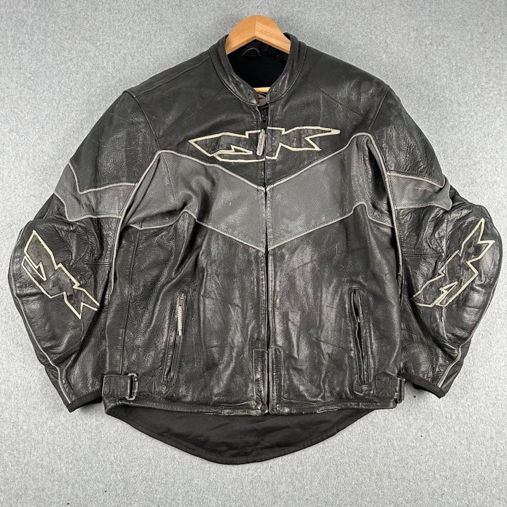 NKJ Leather Motorcycle Jacket Black Silver Flame Crotch Rocket Biker Men's Large